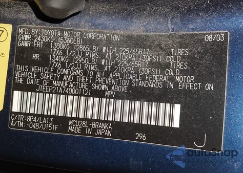 2004 Toyota Highlander Limited V6 from USA, damaged, VIN JTEEP21A740001121